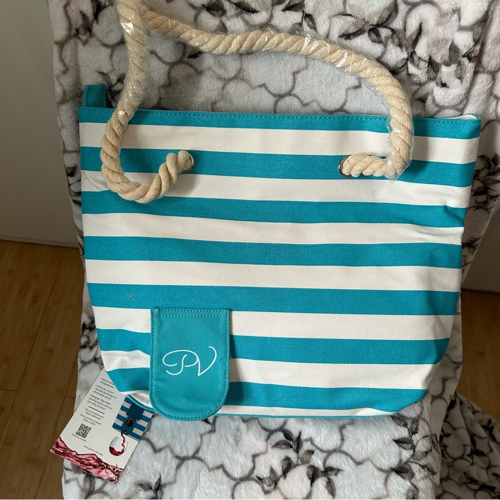 NWT Porto Vino Teal White Striped Secret Insulated Wine Tote Bag Purse - Picture 13 of 14